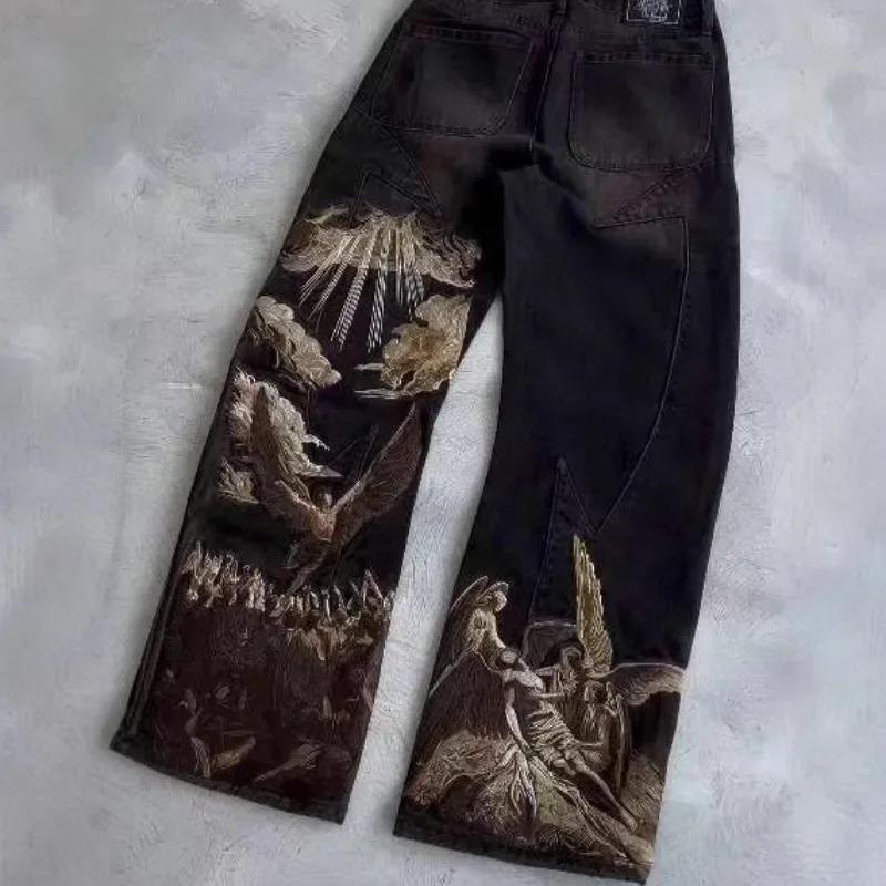 ROADVIBE American Loose Jeans Personalized Bat Pattern Print Street Y2K Pants Lazy Jeans Casual Straight Pants Harajuku Retro Street Wear
