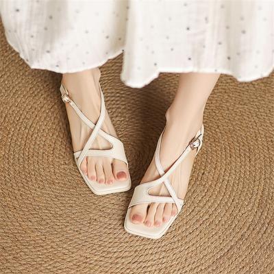 Fashion New Summer Sandals Genuine Leather Women Shoes Square Toe Low Heels Sandals for Women Fashion Roman Sandals Shoes Chunky Heels