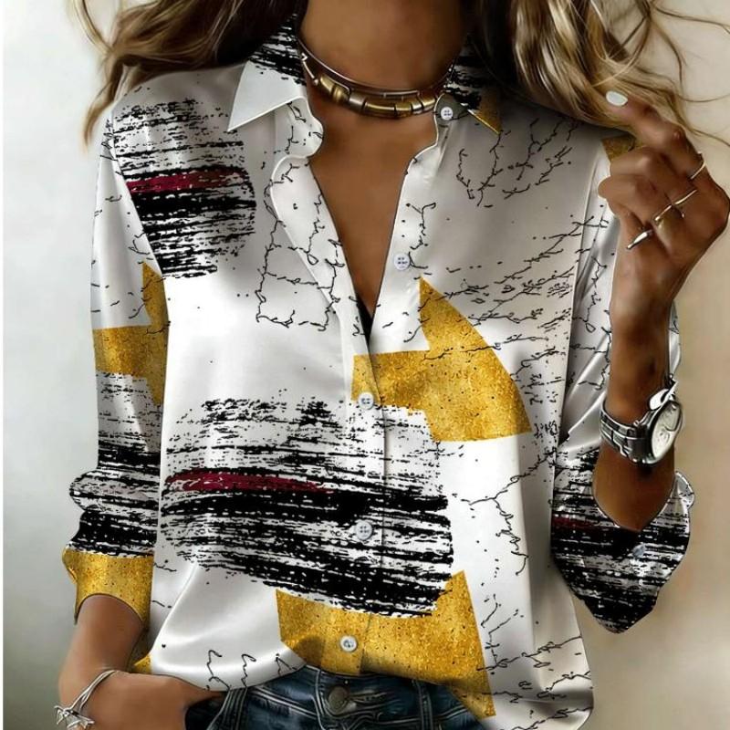 Women Satin Ethnic Abstract Feather Geometric Art Print Shirt Long Sleeve Lapel Button‑Down Blouse Trendy Casual Office Ladies Multi‑Color Top