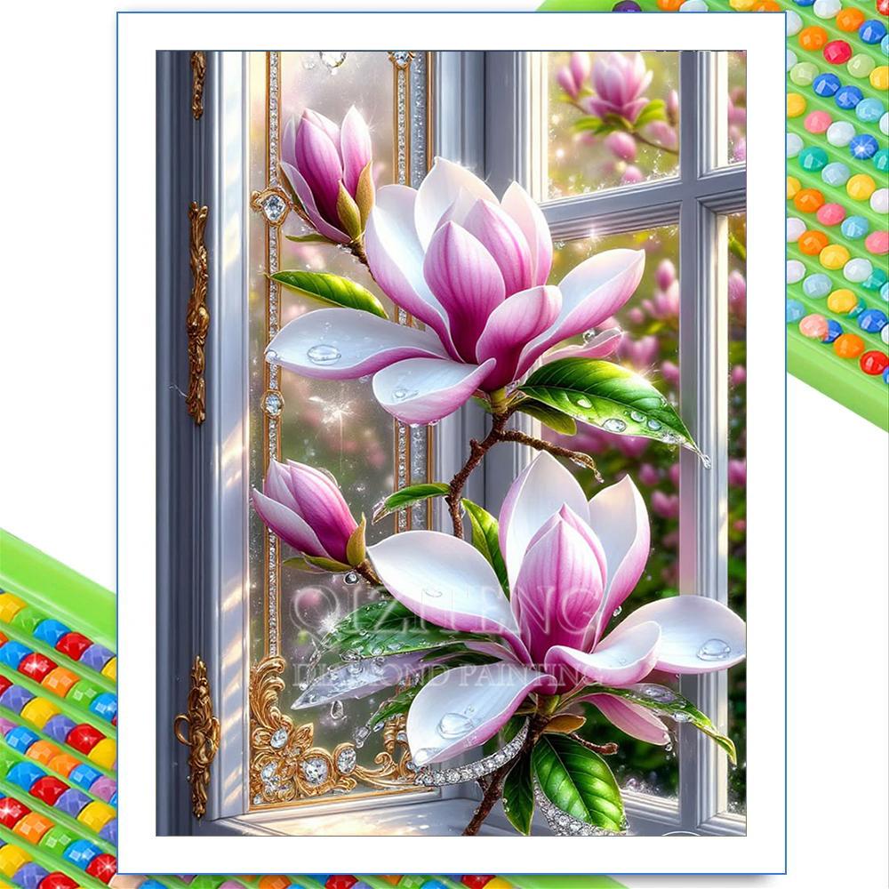 Window View Flower Diamond Painting 5D Full Drill Lily Rose Peony Bouquet DIY Rhinestone Embroidery Mosaic Art Home Decor Gift