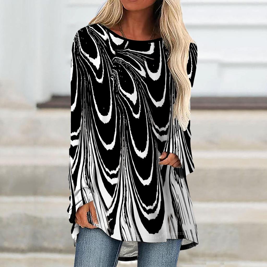 Plus Size Women Spring Render Printed Comfy Long Sleeve Round Collar T-shirt Casual Baggy Mid Length Tee Tops