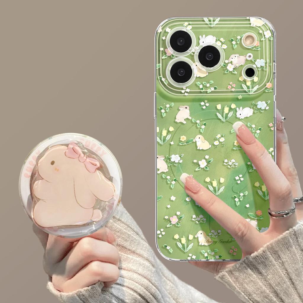 Spring Mobile Phone Case Is Suitable for Iphone17pm Floral Kitten Apple 16/15 Magnetic Suction 14 with Bracket 13/12 Set