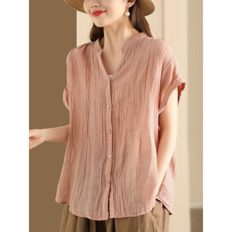 Sommer Retro Plissee Blusen & Hemden Kurzarm Damen Shirt V-Ausschnitt Strickjacke