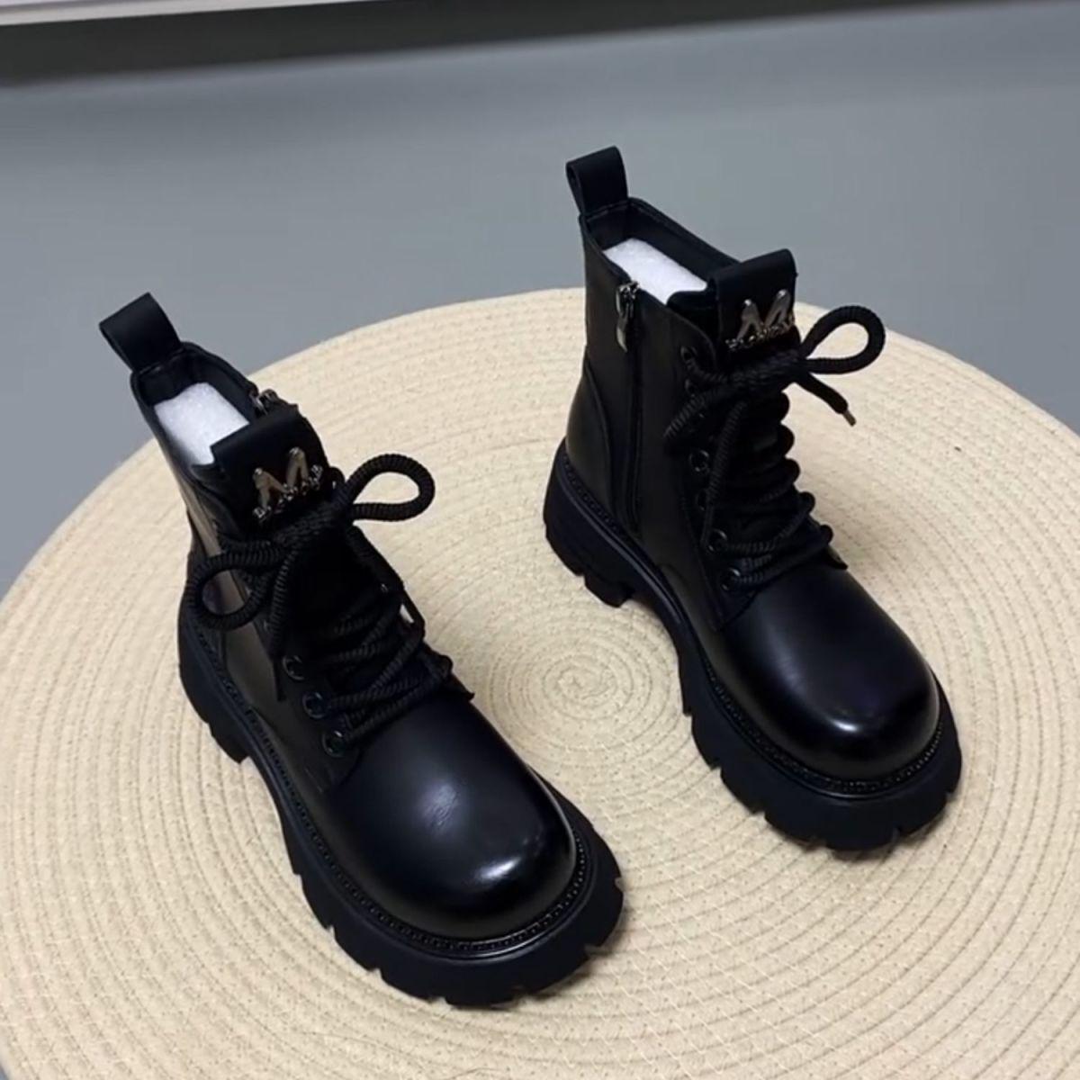 

Женские черные ботинки мартин на толстой подошве, увеличивающие рост - 2025 Осень/Зима, Британский стиль, с плюшевой подкладкой, короткие ботинки в уличном стиле 35