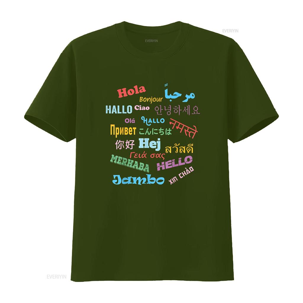 Hello Word In Different Languages Travel and Teacher T Shirt Vintage Washed Casual Soft Streetwear Fashion Stretched Unisex