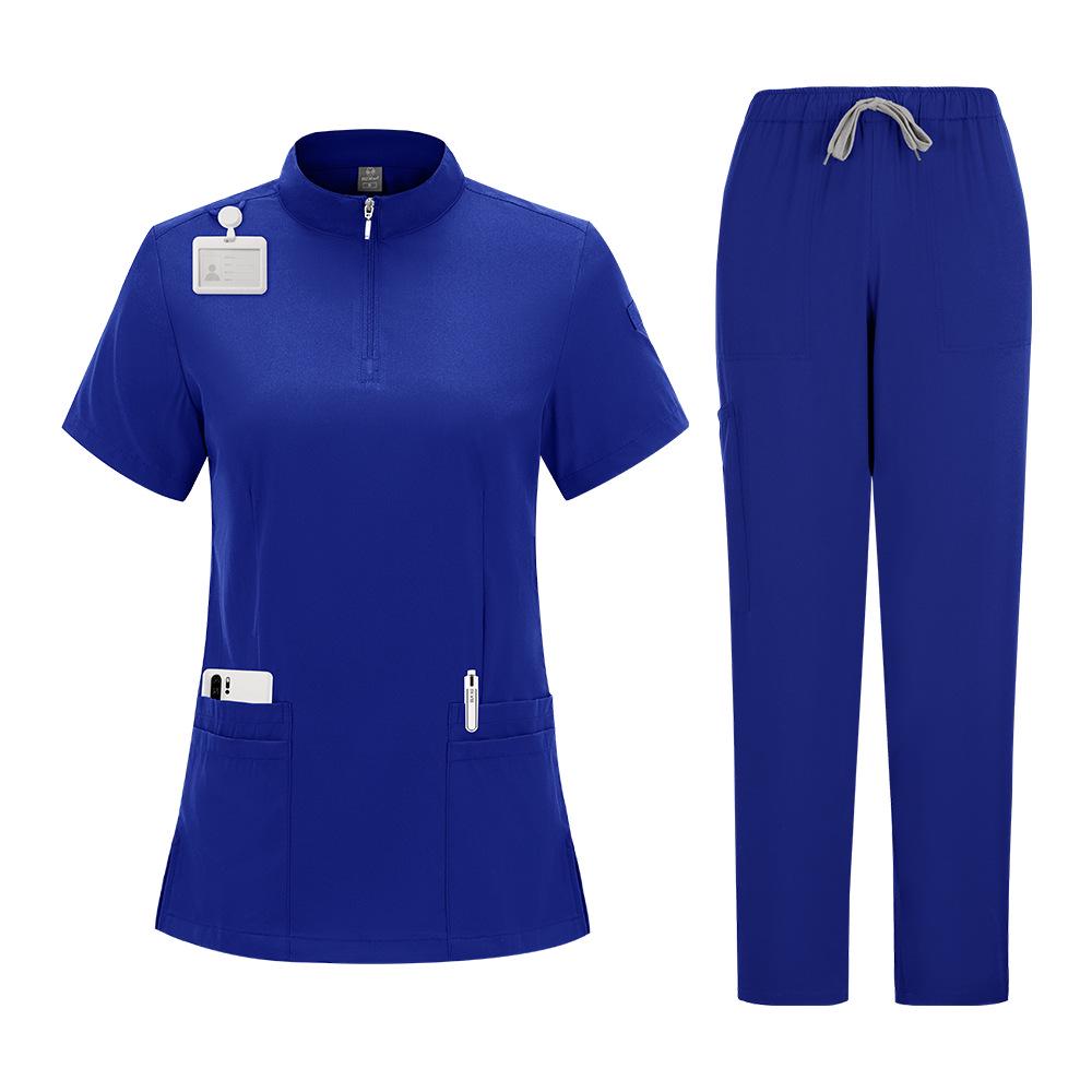 Elastic Zipper Scrub Suit with Stand-up Collar for Medical Professionals