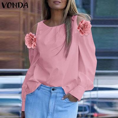 Women Vintage Solid Color Round Neck Off Shoulder Floral Long Sleeve Blouses