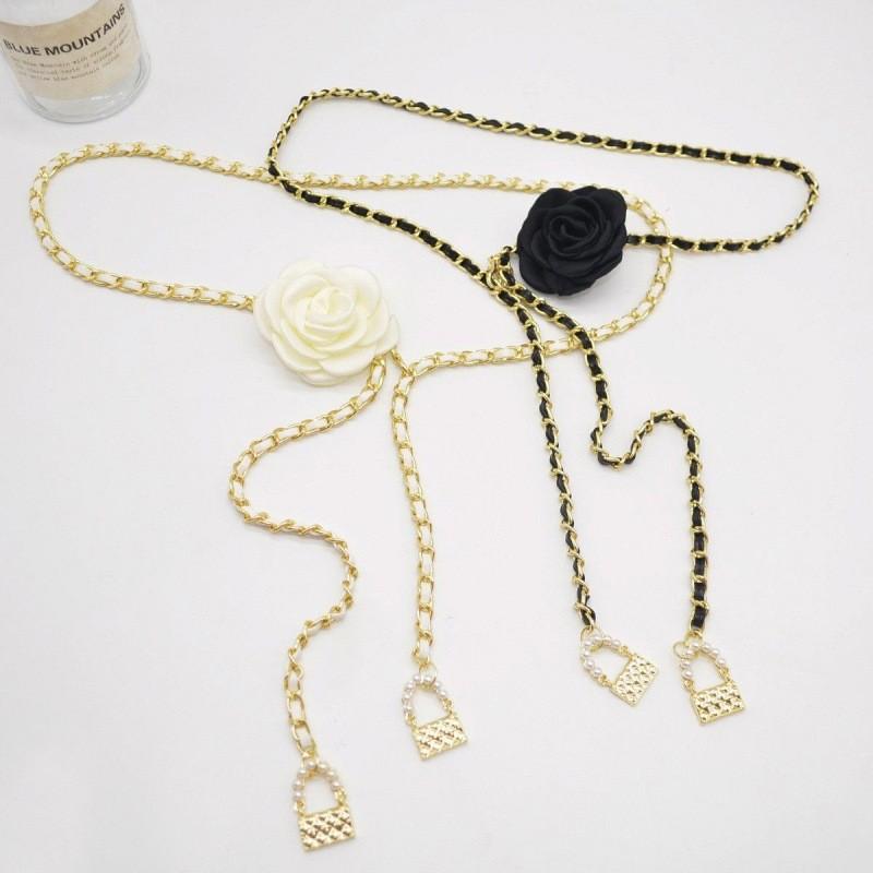 Black And Chic White Flower Waist Chain For Women Decorated With Pearls Stylish Elegant And