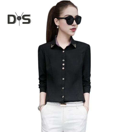 Women Shirt Lapel Long Sleeve Solid Color Single Breasted Shirt Tops Office Lady Shirt Work Daily Wear