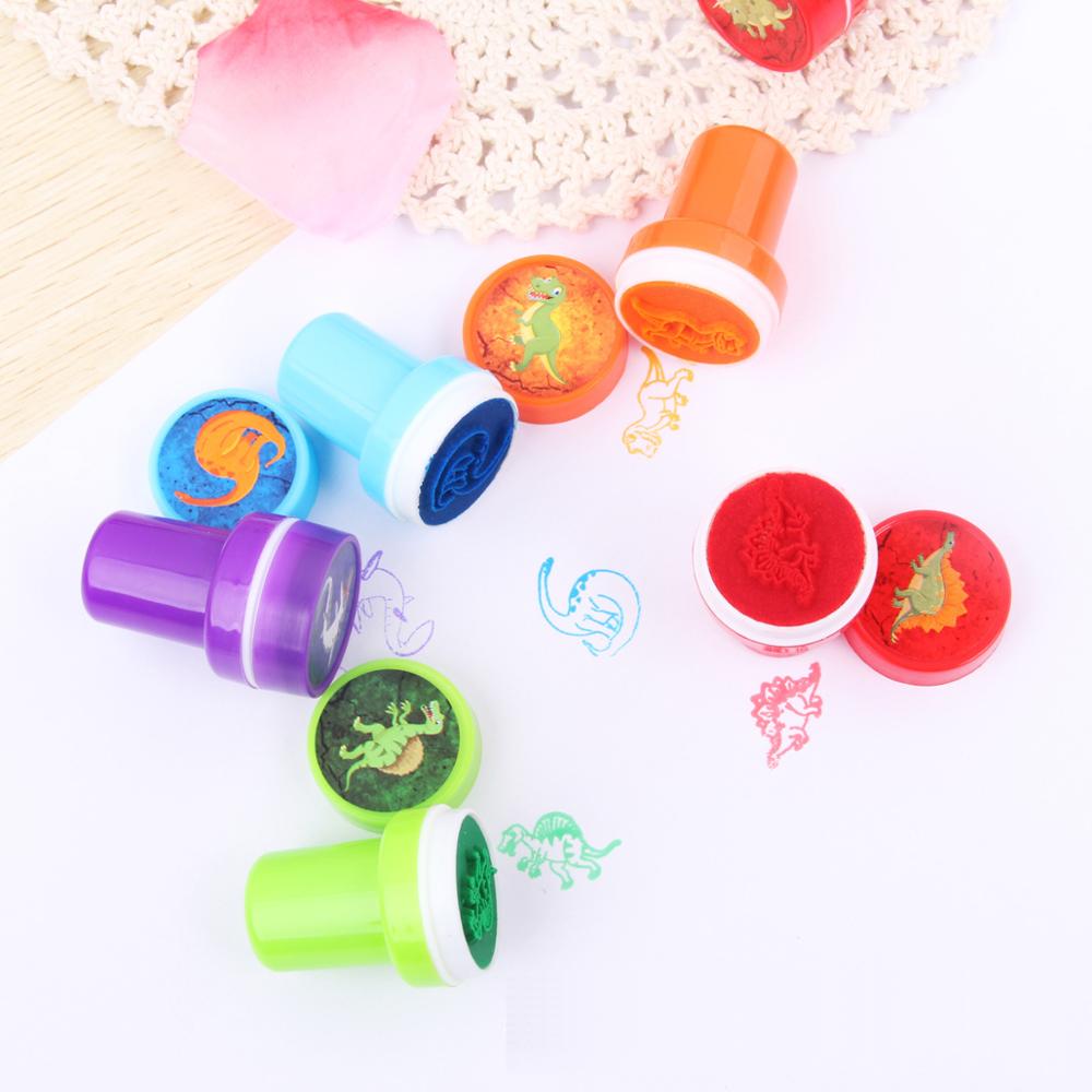 10 Pcs/Set Cute Stamp Toy Cartoon Dinosaur Animal Marine Life Encourage Pattern Round Plastic DIY Toy Seal with Box for Kids