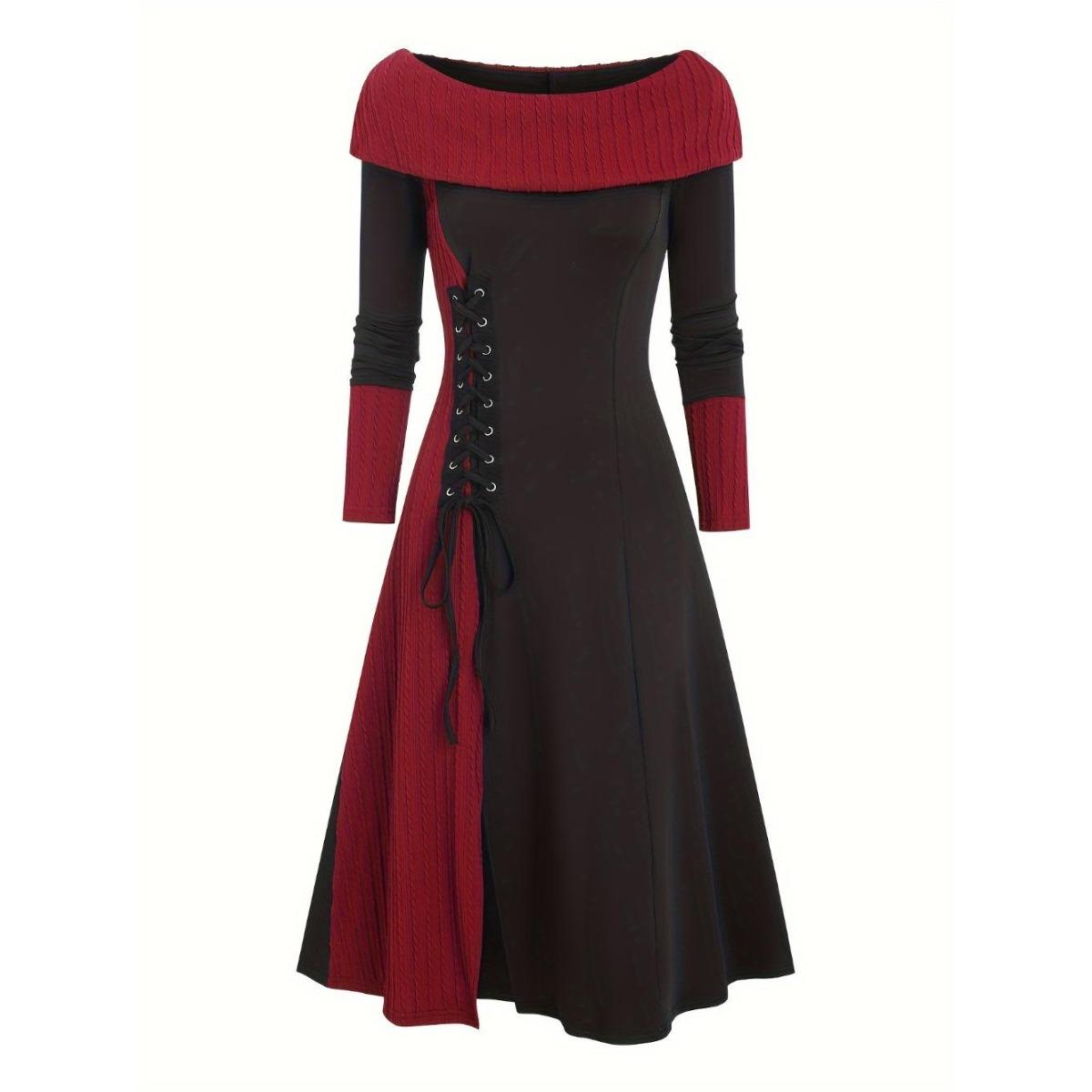 

Платье на шнуровке с цветными блоками, повседневное трикотажное платье с длинными рукавами и вырезом-лодочкой на осень и зиму, женская одежда XXL красный