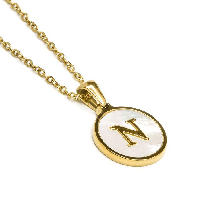 Collier Luxenter En Nacre Blanche Finie En or Jaune 18K - Alphabet N