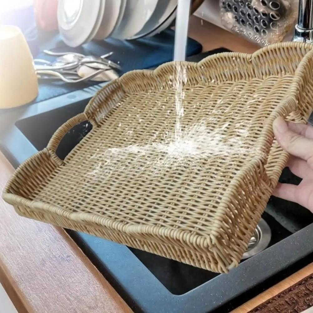Large Capacity Food Serving Tray Rectangular Woven Decorative Platter Woven Storage Tray Household