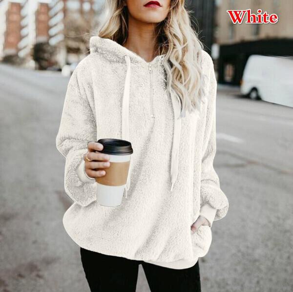 Women's Fashion Winter Fleeces Warm Plush Hooded Hoodies Loose Casual Solid Color Jacket Pullovers Plus