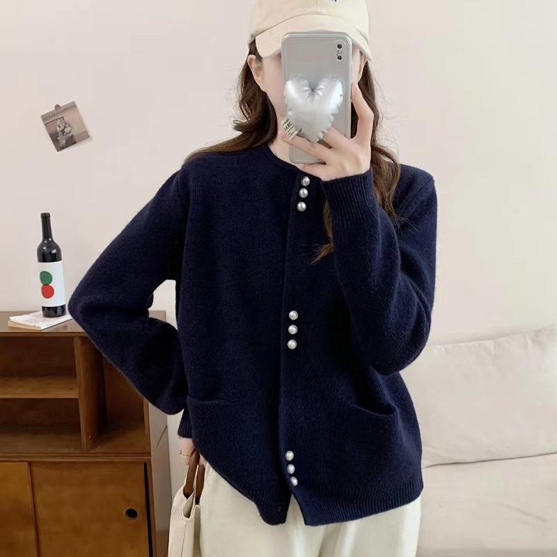 Autumn and winter new fashion knitted cardigan women's loose lazy good-looking crew neck sweater jacket tide