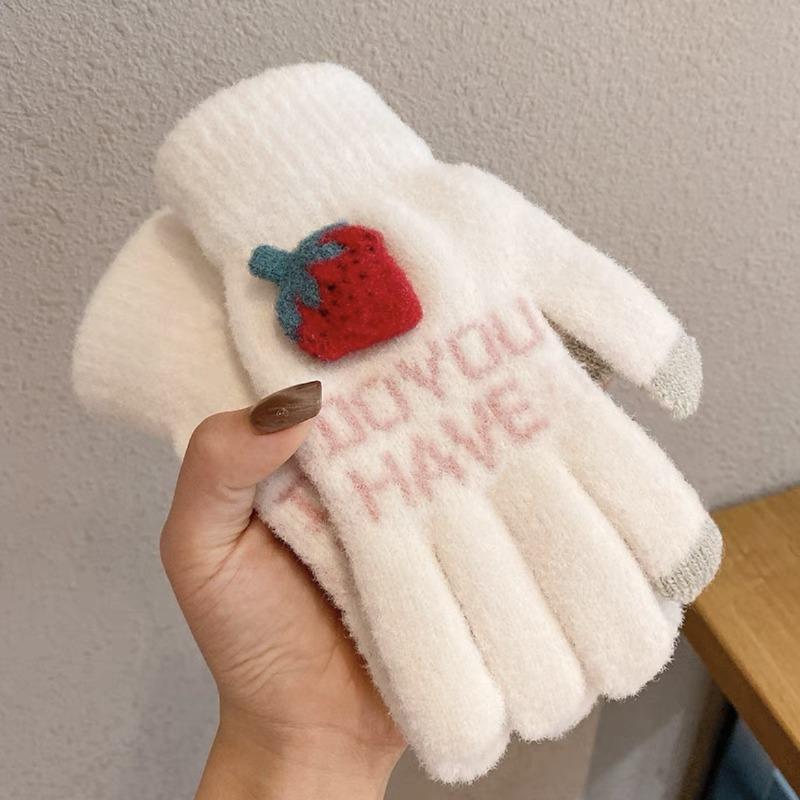 Cartoon Thermal Gloves Women Winter Thickened Cute Couple Student Cold Knitted Wool Riding Five Fingers