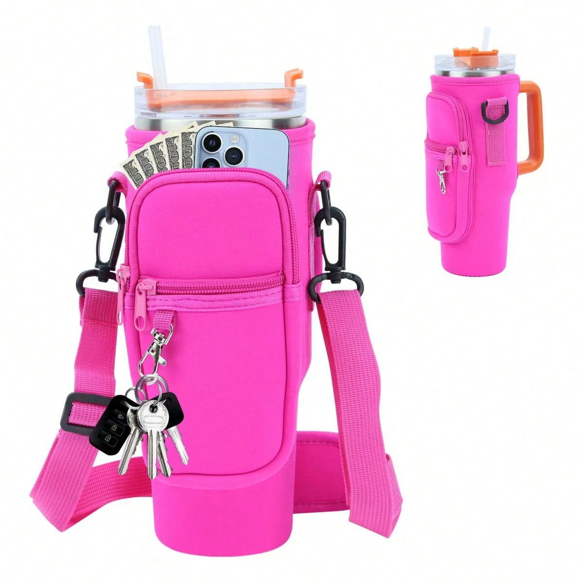 

1 шт. Сумка-переноска для бутылки с водой с карманом для телефона, подходит для тамблера 40/30 унций с ручкой, с регулируемым ремешком, Bollus, для пеших походов, путешествий, кемпинга розы красного