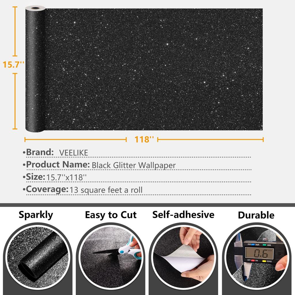 VEELIKE Glitter Removable Wallpaper Wall Renovation Suitable for Sliding Wall Furniture Interior Kitchen Easy to 40 x 300cm Sheet, Black, Thick,