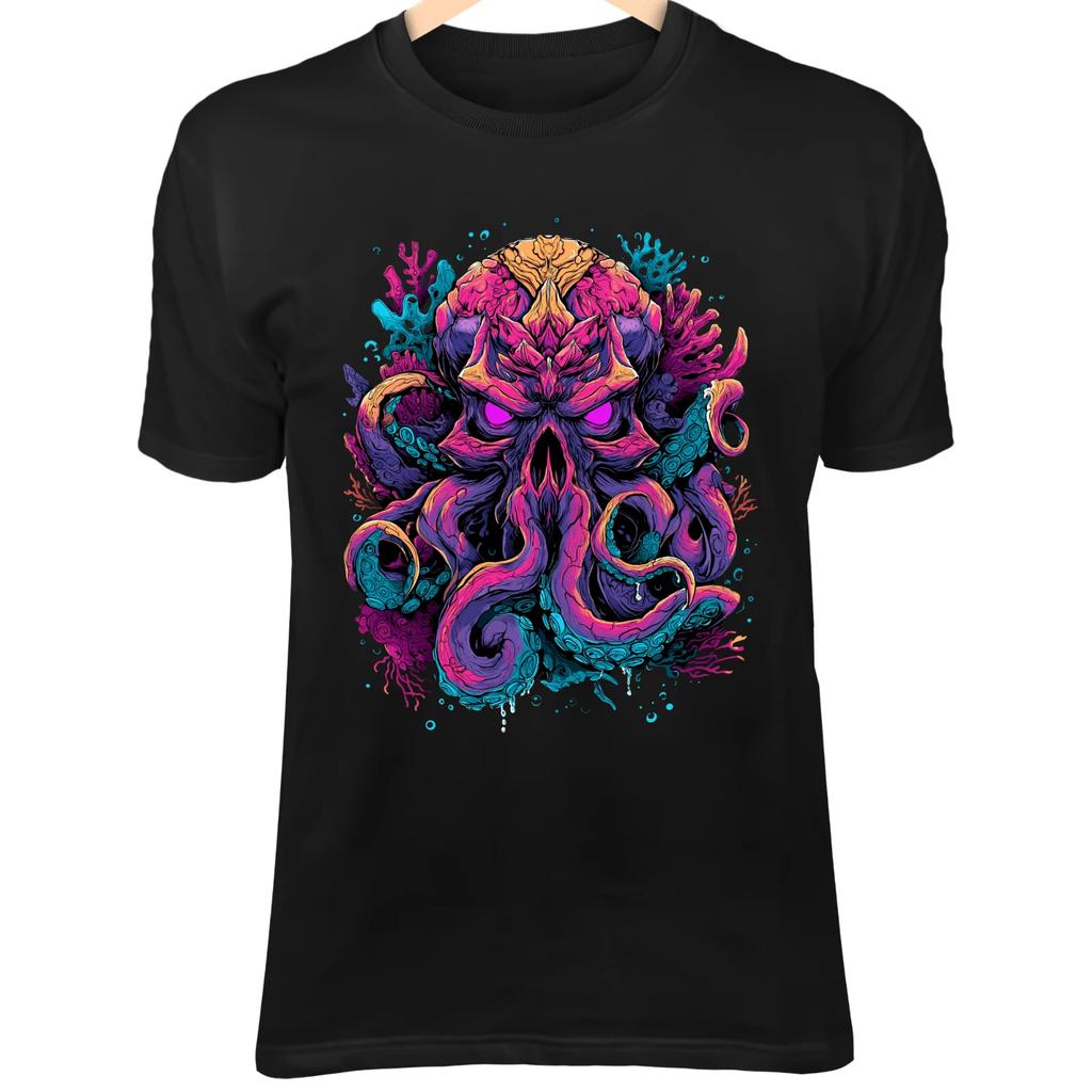 Colorful Skull Octopus II Shirt - Coral Tentacles and Purple Glow Eyes