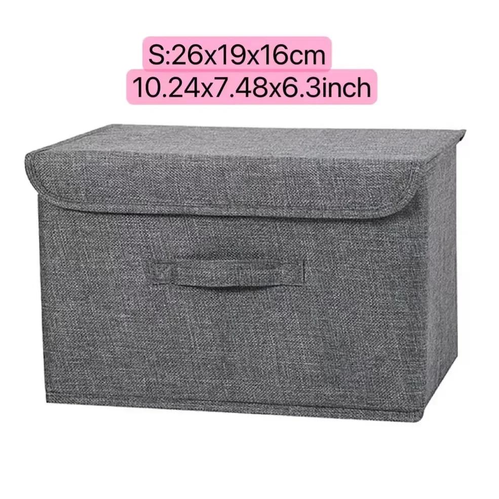Linen Fabric Storage Basket with Lids Collapsible Sundries Storage Box Toys Books Organizer for Living Room Bedroom Dormitory