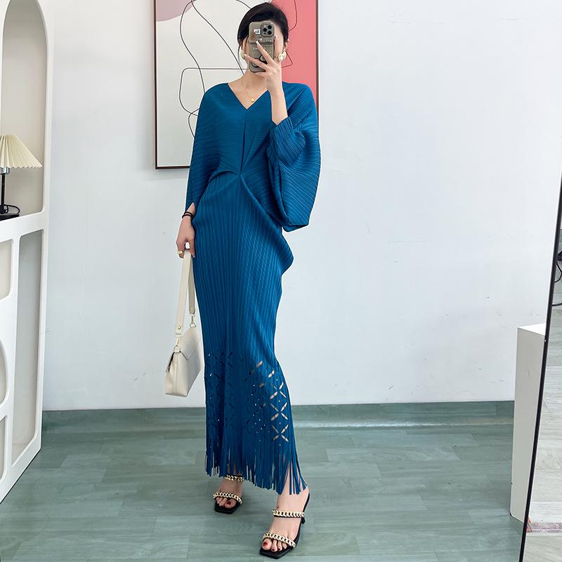 Miyake Pleated Large V-Neck Fishtail Tassel Dress with Bat Sleeves, 2025 Collection