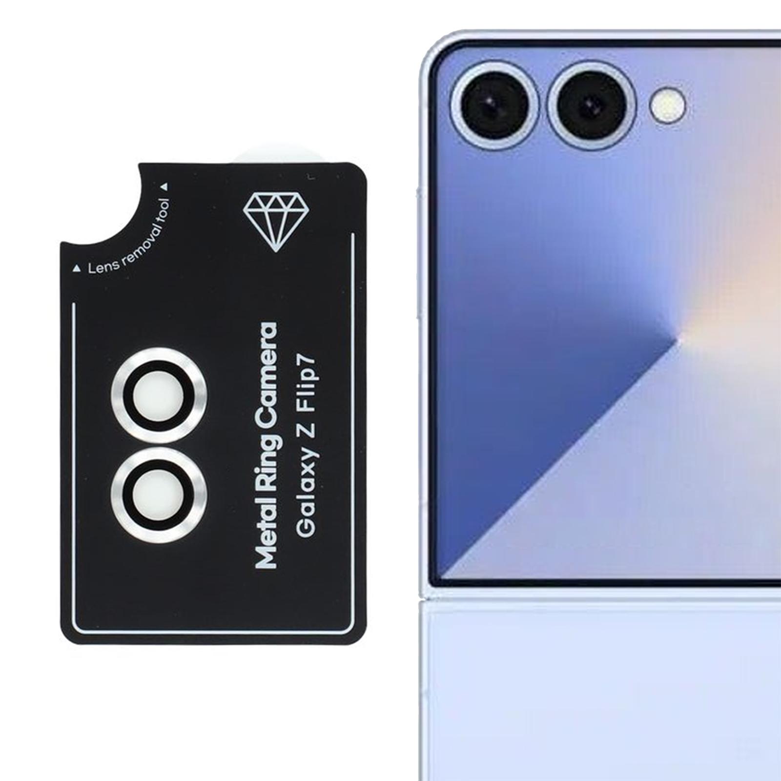 

Для Samsung Galaxy Z Flip7 5G Набор защитных стекол для камеры Гальваническое металлическое + Закаленное стекло Индивидуальная плёнка для линз Silver