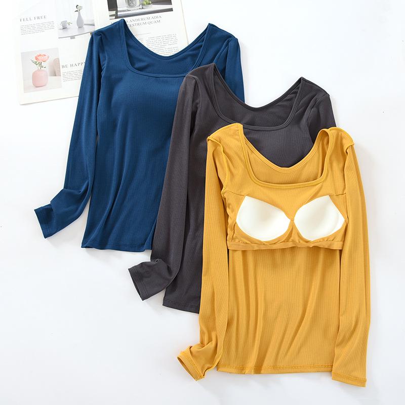 Women's Square Neck Long Sleeve Top with Built-in Bra Pads - Slim Fit for Early Autumn/Spring/Winter