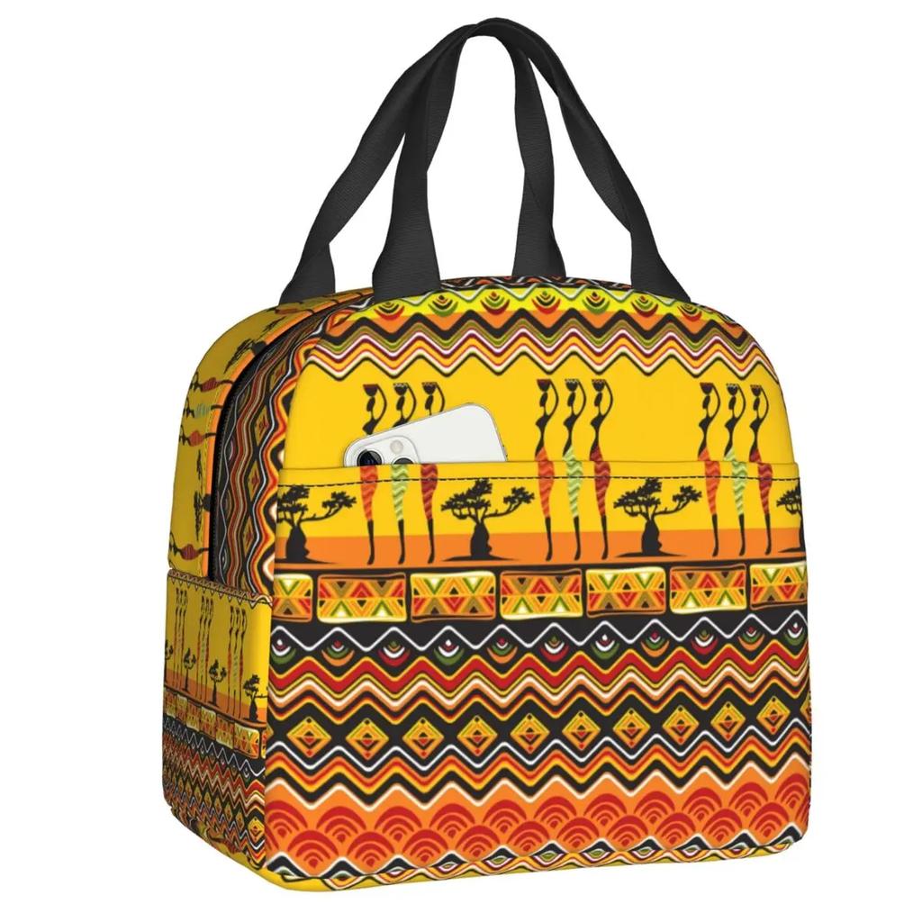African Elements Pattern Insulated Lunch Tote Bag for Women Africa Ethnic Culture Cooler Thermal Bento Box Work School Travel