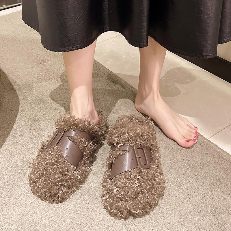 

Thick-soled fluffy slippers women wear fur integrated bag head plush snow boots muffin one foot cotton slippers winter 40 хакі