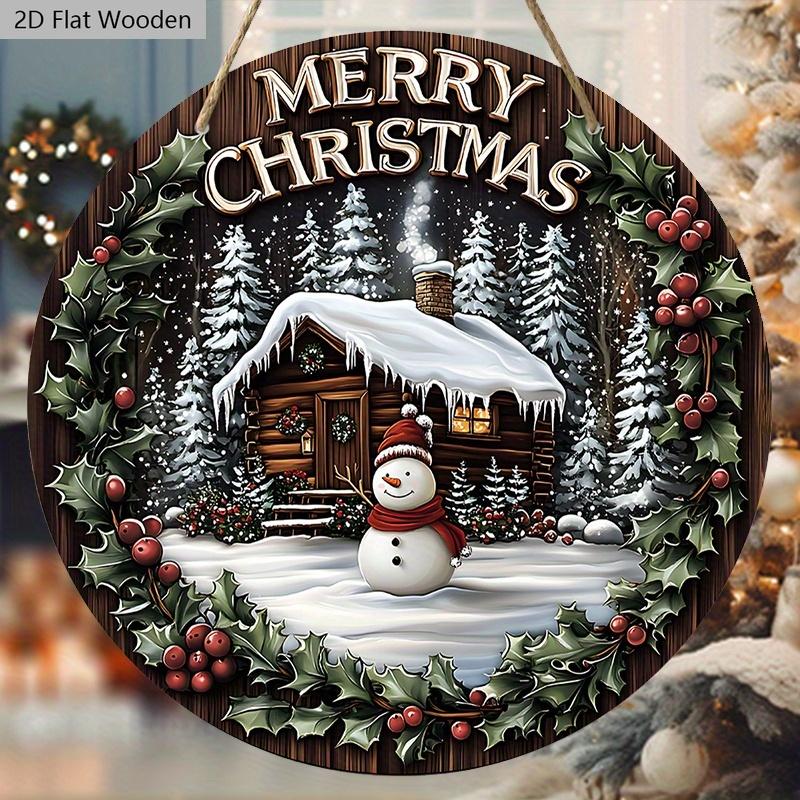 Warm Winter Wooden Christmas Sign with  Snow House & Snowman Pattern - Navidad Round Sign for Front Door Wall Hanging Decor - Ideal Christmas Gift