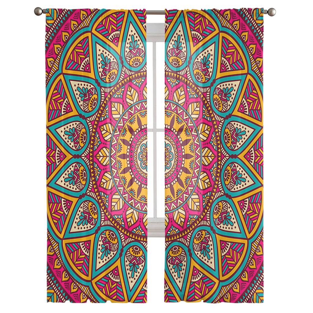 Mandala Bohemia Red Tulle Sheer Window Curtains for Living Room Kitchen Children Bedroom Voile Hanging Curtain