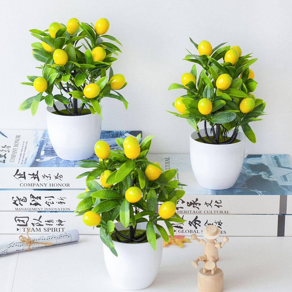 Yellow Pot Mini Lemon Tree Bonsai Artificial Plants Faux Desk Home Office Decor Indoor Green Realistic Fake Plant nament No