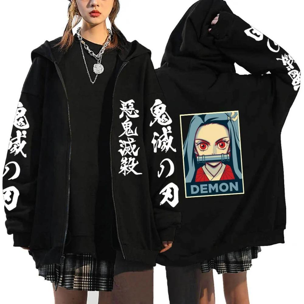 Women's Oversized Zipper Shirt, Harajuku Anime Cartoon Demon Killer Printed Jacket, Spring Warm Casual Long Sleeved Top