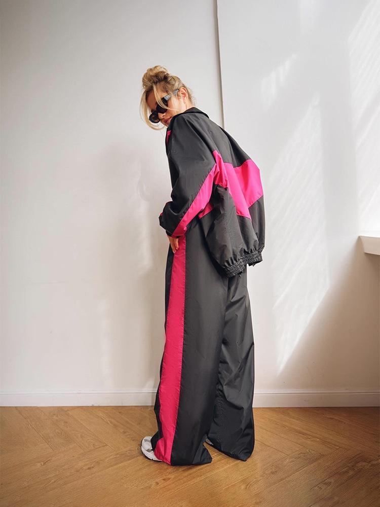 Women's Sporty Zip Up Track Jacket and Wide Leg Pants Set In Pink with Side Stripes