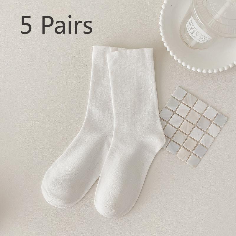 5 Paar Socken Milchtee-Farbe Frühling und Herbst Stapelsocken Damenmode Mittelwaden-Socken Spaghetti-Socken Damen Baumwolle Einfarbig