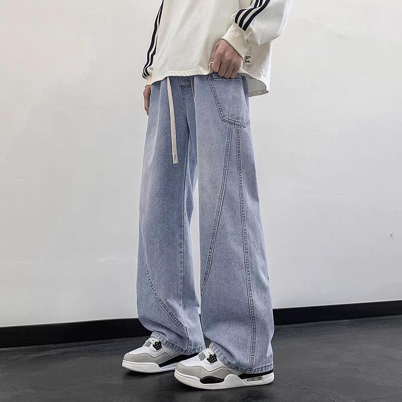 Baggy Jeans Solid Color Washing Summer Men Trousers Loose Wide Leg Casual Straight Moustache Effect Male Bottoms