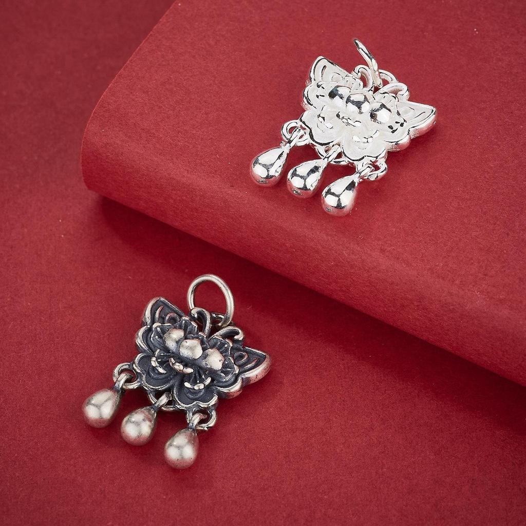 Chinese Style S925 Sterling Silver Butterfly & Lotus Tassel Pendant for DIY Necklaces and Bracelets