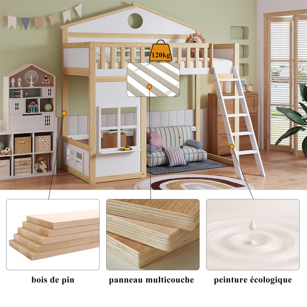 [N622D161516W] Etagenbett, mit Treppe, mit Absturzsicherung und Rausfallschutz, Kinderbett mit Dach und Fenster, Kiefer+MDF, Weiß+Natur, 90x200cm