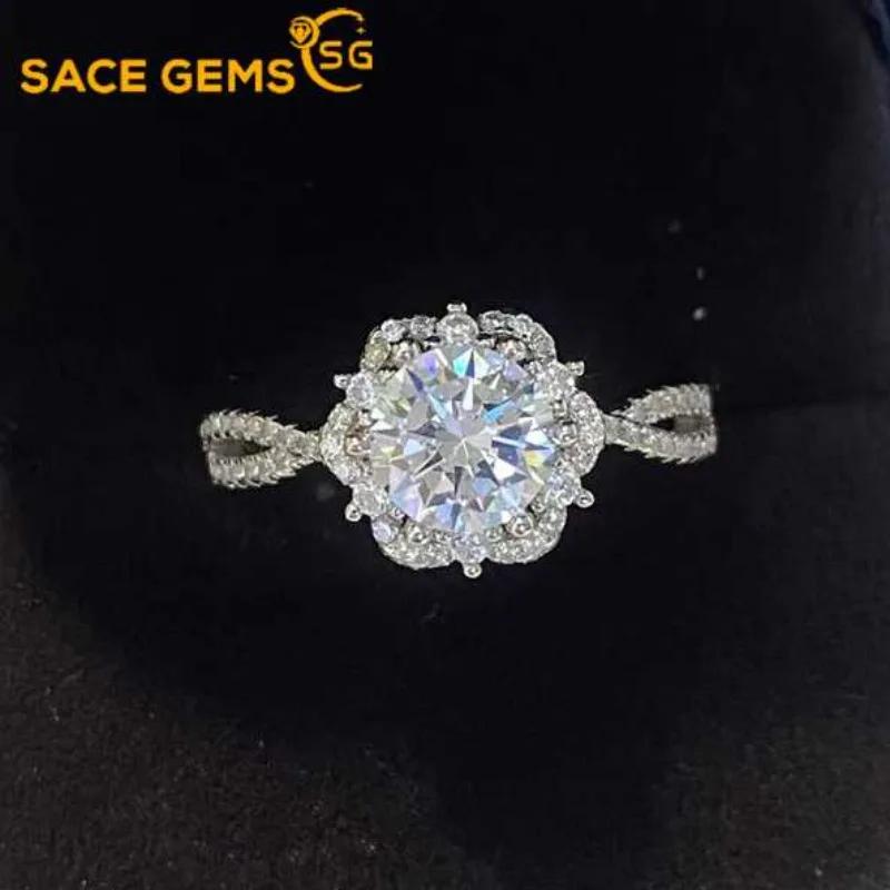 SACE GEMS GRA Certified D Color 1-2ct Moissanite Ring 925 Sterling Silver Plated with 18k White Gold Ring for Women Fine Jewelry