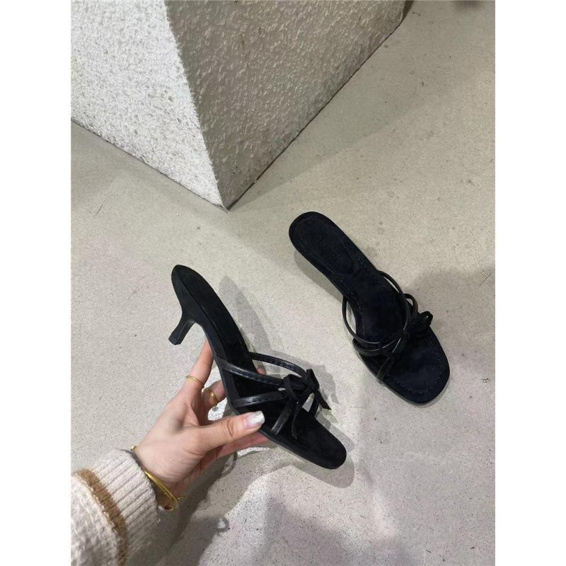 French sandals women's shoes 2024 new summer niche temperament bow strap open-toed cat heel sandals