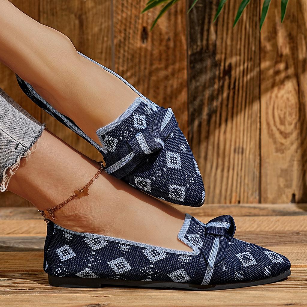 Knitted Shallow Mouth Single Shoes Women's Soft Sole Lightweight Bow Breathable Lazy One-pedal Inner Height-increasing Single Shoes