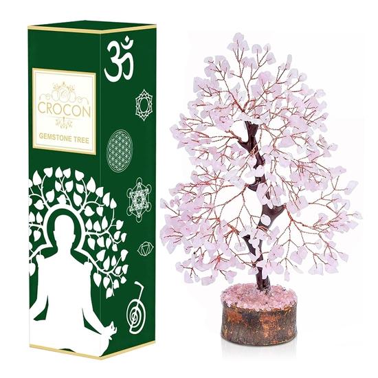 Crocon Rose Quartz Gemstone Tree Feng Shui Figurine Money Bonsai Good Luck Chakra Balancing Gift Size 10-12