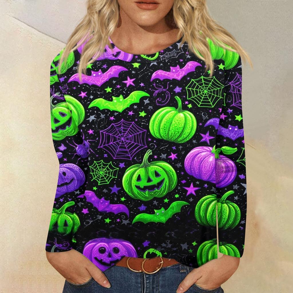Women's Fashion Casual Long Sleeve Halloween Print Round Neck Top