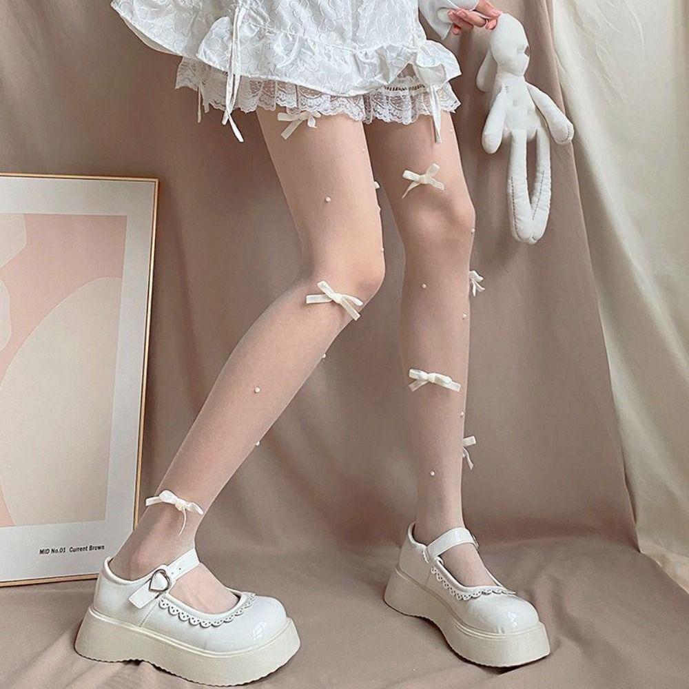 JK Comfortable Lolita Sweet Nylon Pearl Ultra-thin Pantyhose Female Stockings Women Bow Tights