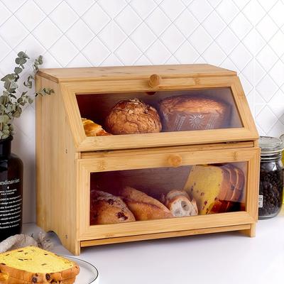 Panera de Doble Capa - Panera de Madera de Bambú con Tapa Transparente Abatible, Almacenamiento de Gran Capacidad para Pasteles, Aperitivos y Barras de Pan, Vitrina de Exposición para Cocina