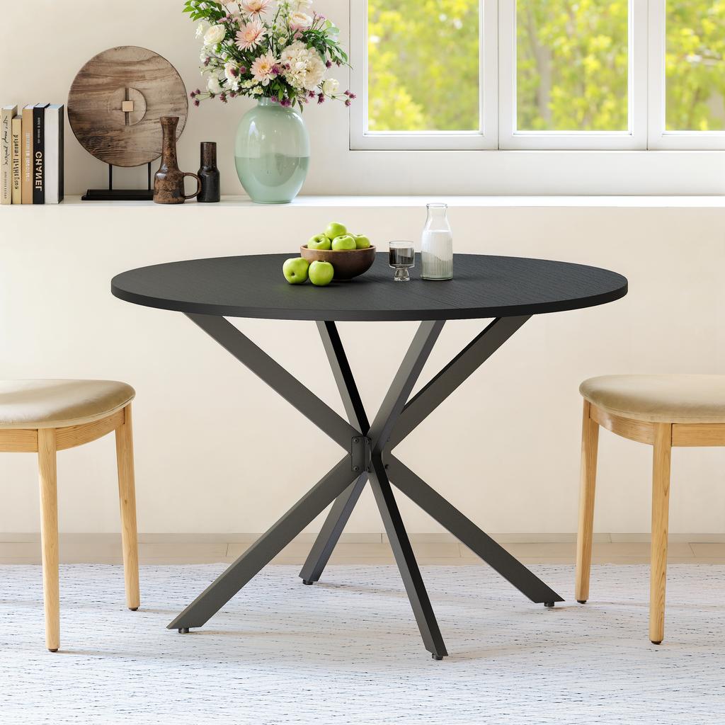 Round Table with X-Legs, 120 cm - Kitchen and Dining Table for Home Office, or as a Coffee Table - Black