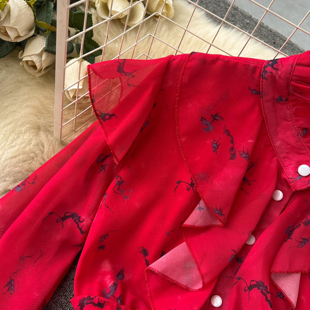 Autumn Women Vintage Printed Pleated Long Dress Female Red/Green/Blue/Yellow Draped Ruffle Single Breasted Maxi Robe Vacation Dresses