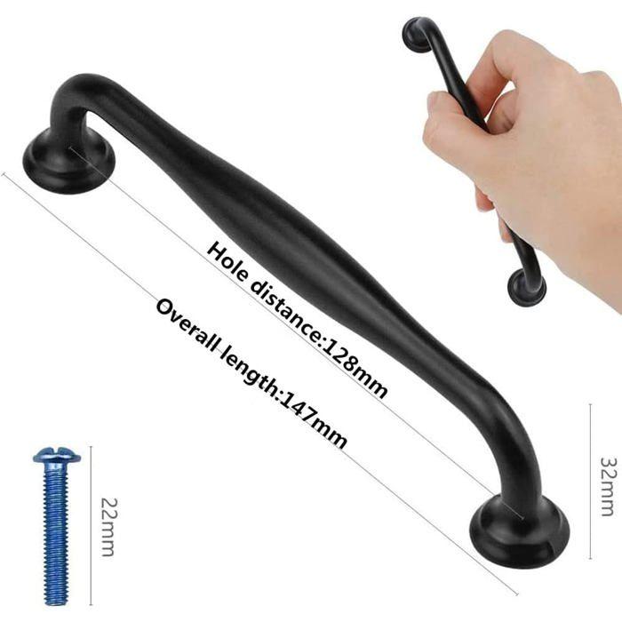 Lot 10 poignées de meuble noir en alliage d'aluminium – 147 mm (entraxe 128 mm) et 115 mm (entraxe 96 mm) – vis incluses
