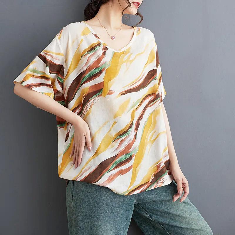 T-shirt damski letni duży rozmiar bawełniany T-shirt miękki luźny z nadrukiem casualowy wygodny wkładany T-shirt top