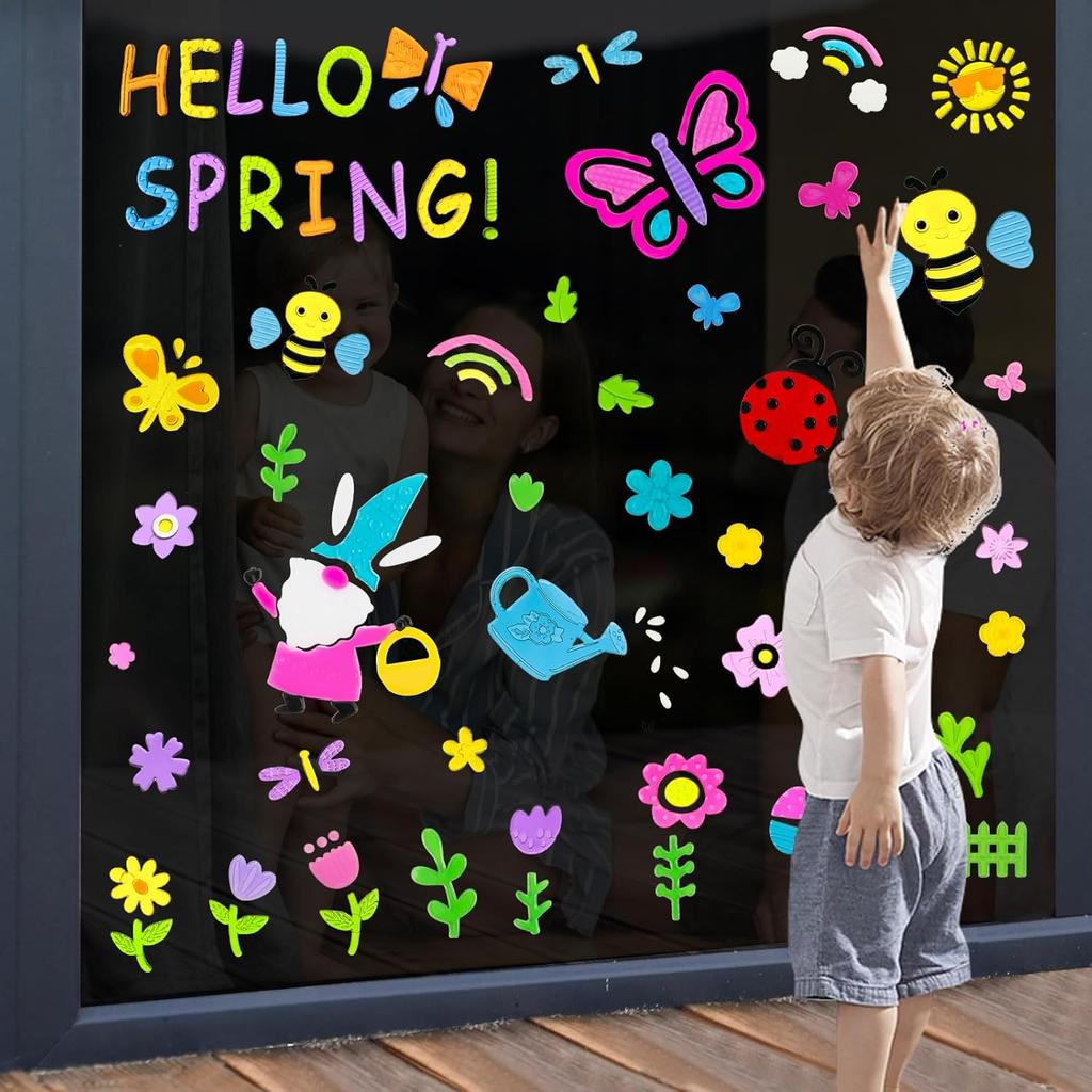 6 Sheets Spring Gel Window Clings,Hello Springs, Flowers, Butterfly Bees, Birds for Spring Decorations, Easter Window Clings Holiday Party